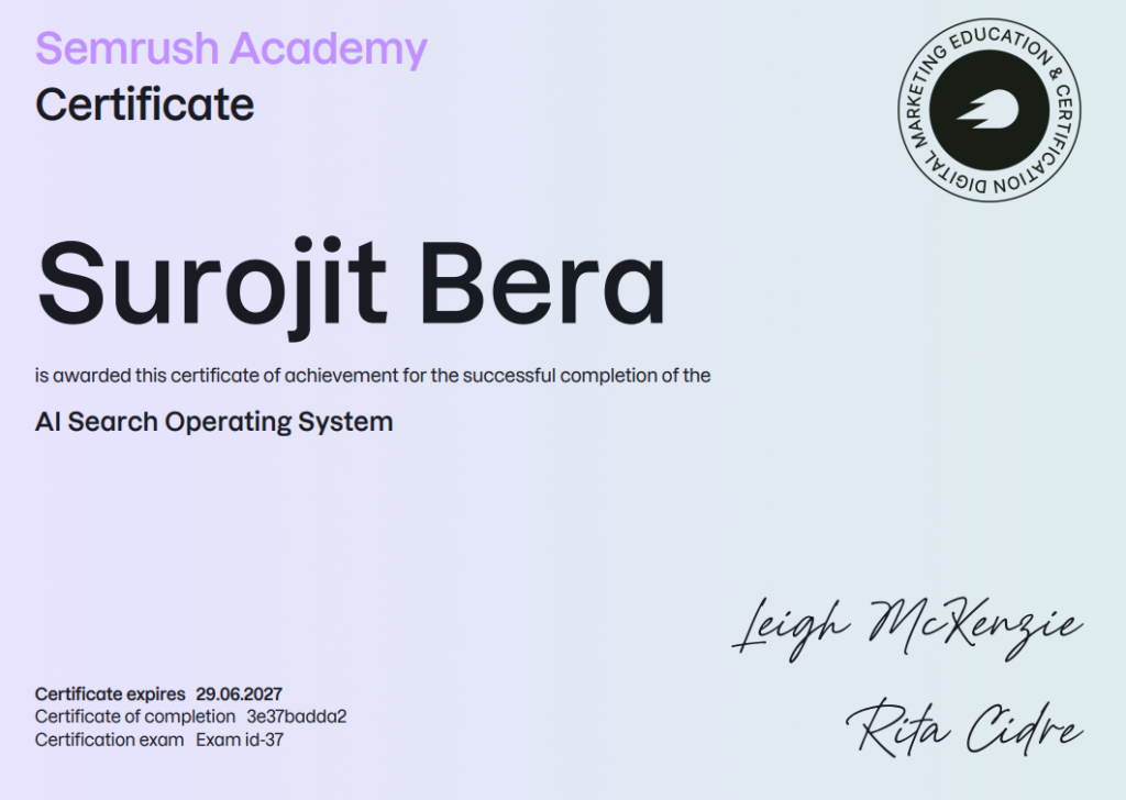 Surojit Bera Semrush Academy certificate for AI Search Operating System - AI SEO expert India