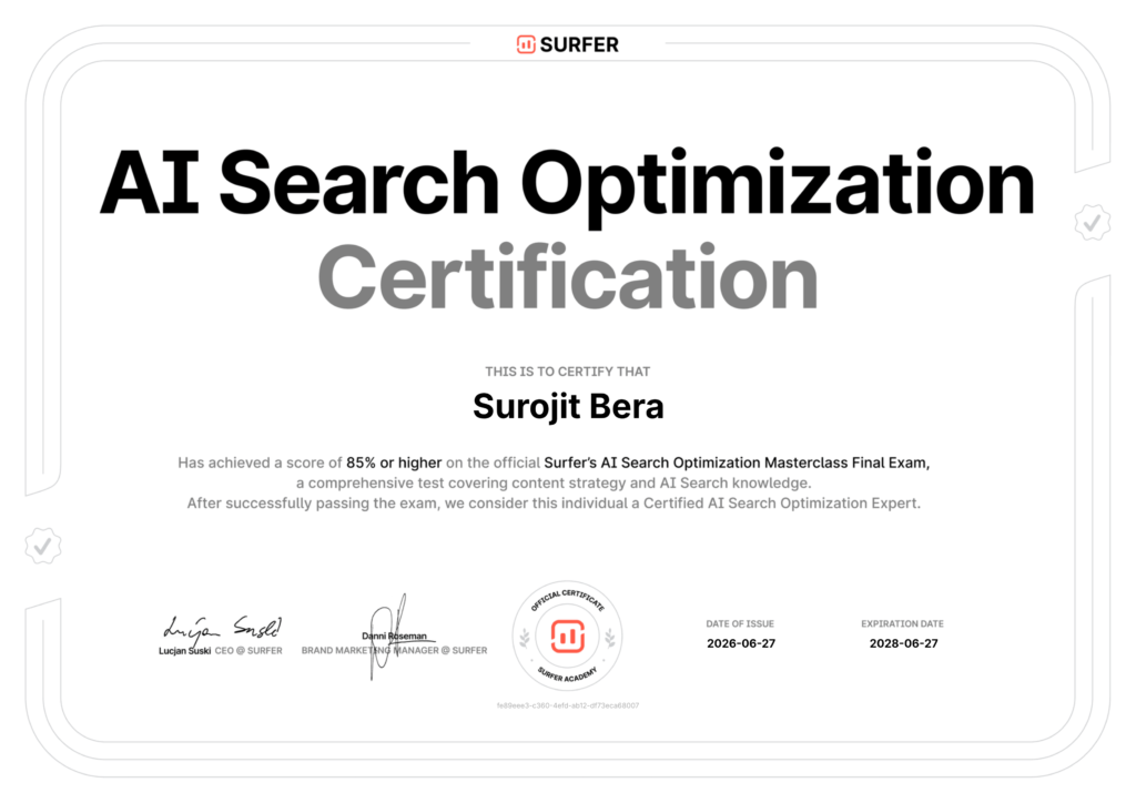 Surojit Bera Surfer Academy AI Search Optimization certification - certified AI SEO expert India